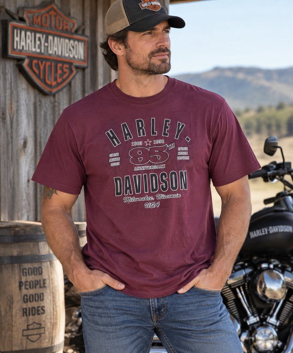 Harley-Davidson Vintage 1998 95th Anniversary Mens 2XL Maroon USA Made T Shirt